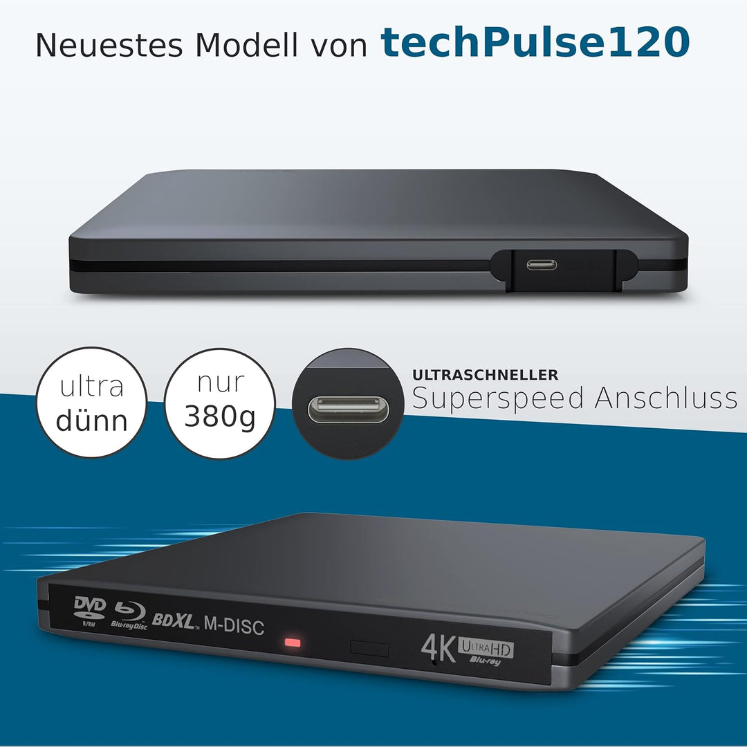 techPulse120 Externes USB 3.1 Blu-ray DVD CD USB-C UHD 4k 3D M-DISC BDXL HDR10 128GB Laufwerk Brenne