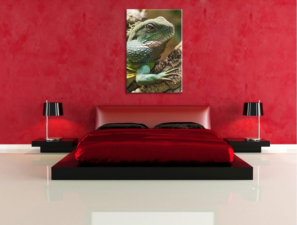 Pixxprint grosses grünes Chamäleon auf Leinwand, XXL riesige Bilder fertig gerahmt mit Keilrahmen, K