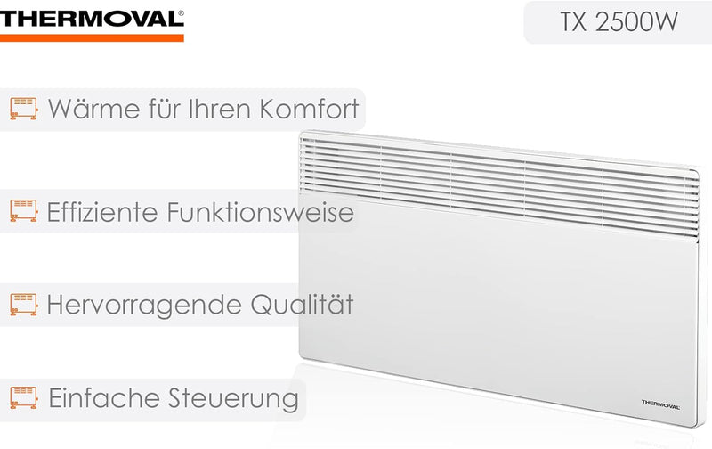 Thermoval Elektrischer Konvektor, Elektroheizkörper TX 2500, 2,5 kW, IP20, Freistehender oder Wandmo