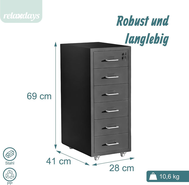 Relaxdays Rollcontainer, 6 Schubladen, HxBxT: 69 x 28 x 41 cm, abschliessbar, Aktenschrank auf Rolle