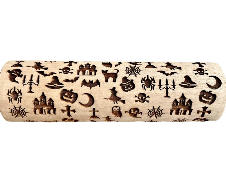 HALLOWEEN- GESELLSCHAFT Teigroller. Nudelholz mit Schädel Eule Kreuz Kürbis Spinne Fledermaus Hexe G