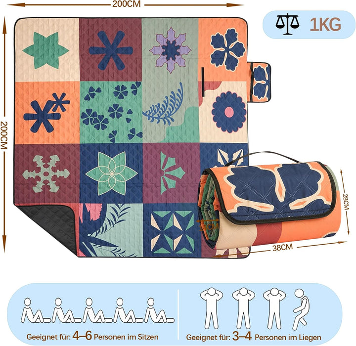 Picknickdecke 200x200 cm - Stranddecke XXL, wasserdicht &amp; isoliert Campingdecke, atmungsaktiv und we