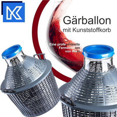 KADAX Glasballon, Gärballon mit Kunststoffkorb, Weite Öffnung, Gummistopfen, Weinballon, Glasgärball