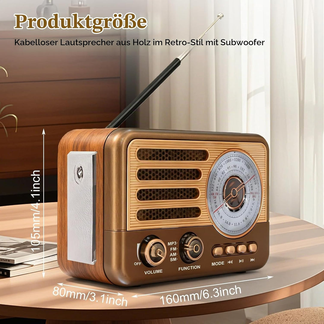 Retro Radio mit Bluetooth, Vintage Transistorradio, Nostalgie Radio Klein, AM/FM/SW, Unterstützt USB