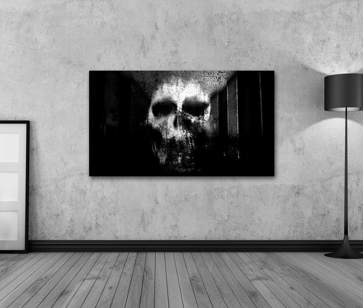 islandburner Bild auf Leinwand Horror Schädel Schwarzweiss Horror Hintergrund Für Halloween Und Film