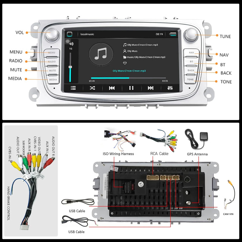 [1+32G] CAMECHO Android 13 Autoradio für Ford Focus mit Navi GPS 7 Zoll Kapazitiver Touchscreen Radi