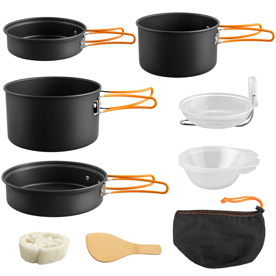 FUNYKICH Camping Kochgeschirr Set,11 Teilig Outdoor Geschirr Aluminium Campingkocher mit Topf Schale