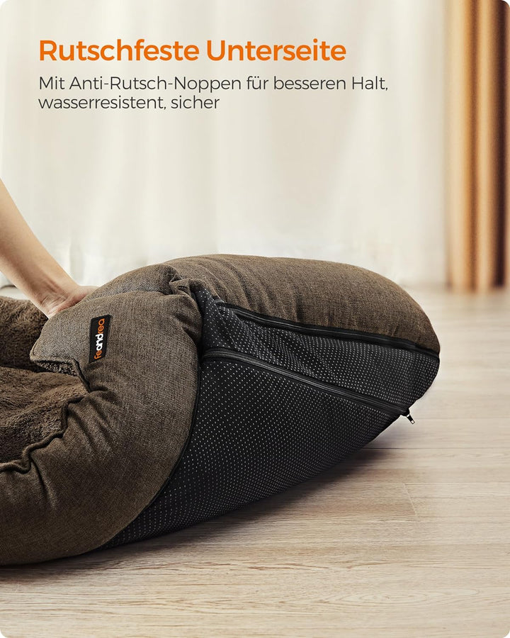 Feandrea Hundebett, Hundekissen in Leinenoptik, Hundekorb, erhöhte Ränder, rutschfeste Unterseite, B