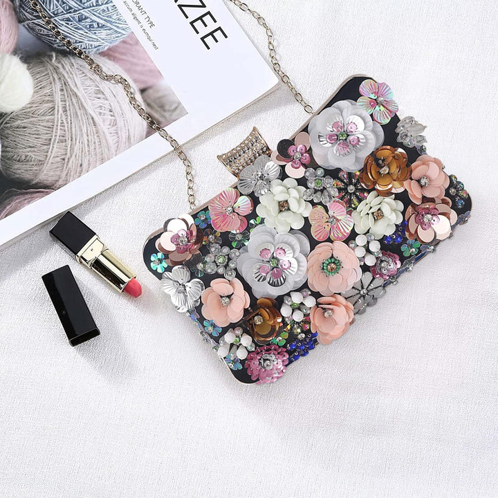 CORIOS Damen Blumen Abendtasche Shiny Strass Clutch Tasche Hochzeit Bag Kette Handtasche Elegante Sc