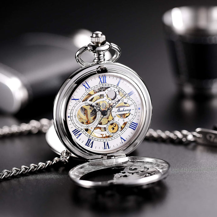 TREEWETO Herren Antik Bronze/Silber Drache Mechanische Skelett Taschenuhr für Damen mit Kette 4. Sil