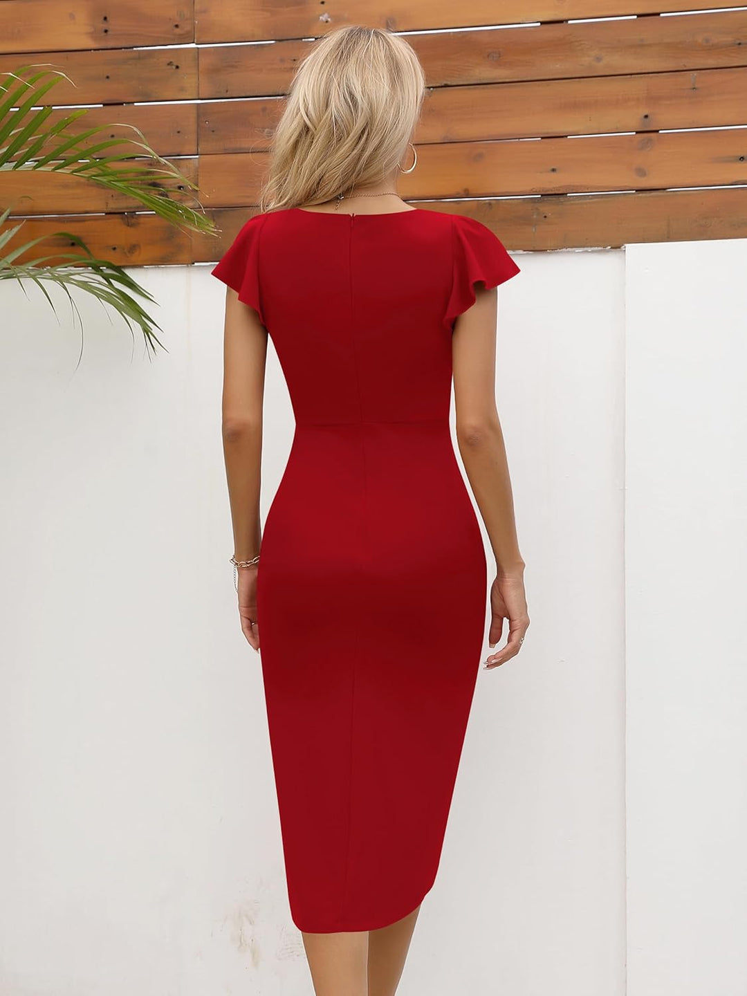 Missufe Damen Cocktailkleid Wickelkleid Partykleid Midikleid Sommerkleid Elegant Bodycon Vintage Rüs
