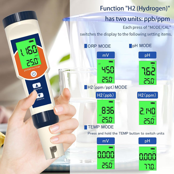 pH Messgerät Wasser, 4-in-1 pH/ORP/H2/TEMP Tester, ppm messgerät wasser Acqua IP67 Wasserdicht 0,01