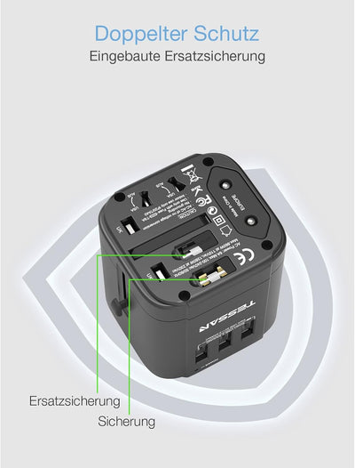TESSAN Reiseadapter Weltweit, Steckdosenadapter Japan mit 3 USB A, Reisestecker Adapter Weltweit, Un