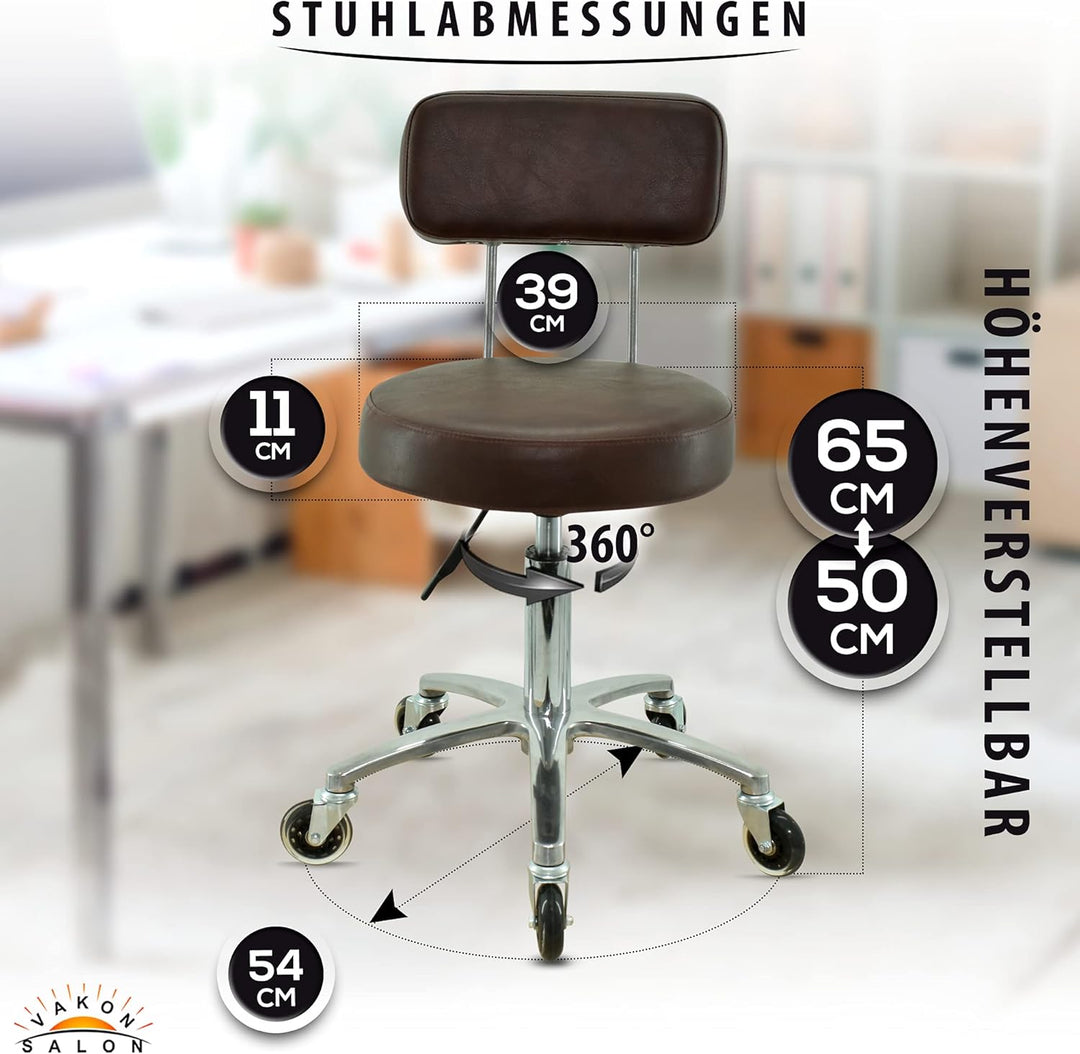 VAKON SALON - Premium Rollhocker mit Lehne in braun - Höhenverstellbar von 50 bis 65 cm - Rundsitz -