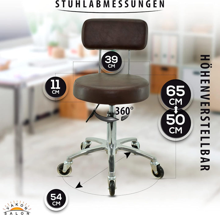 VAKON SALON - Premium Rollhocker mit Lehne in braun - Höhenverstellbar von 50 bis 65 cm - Rundsitz -