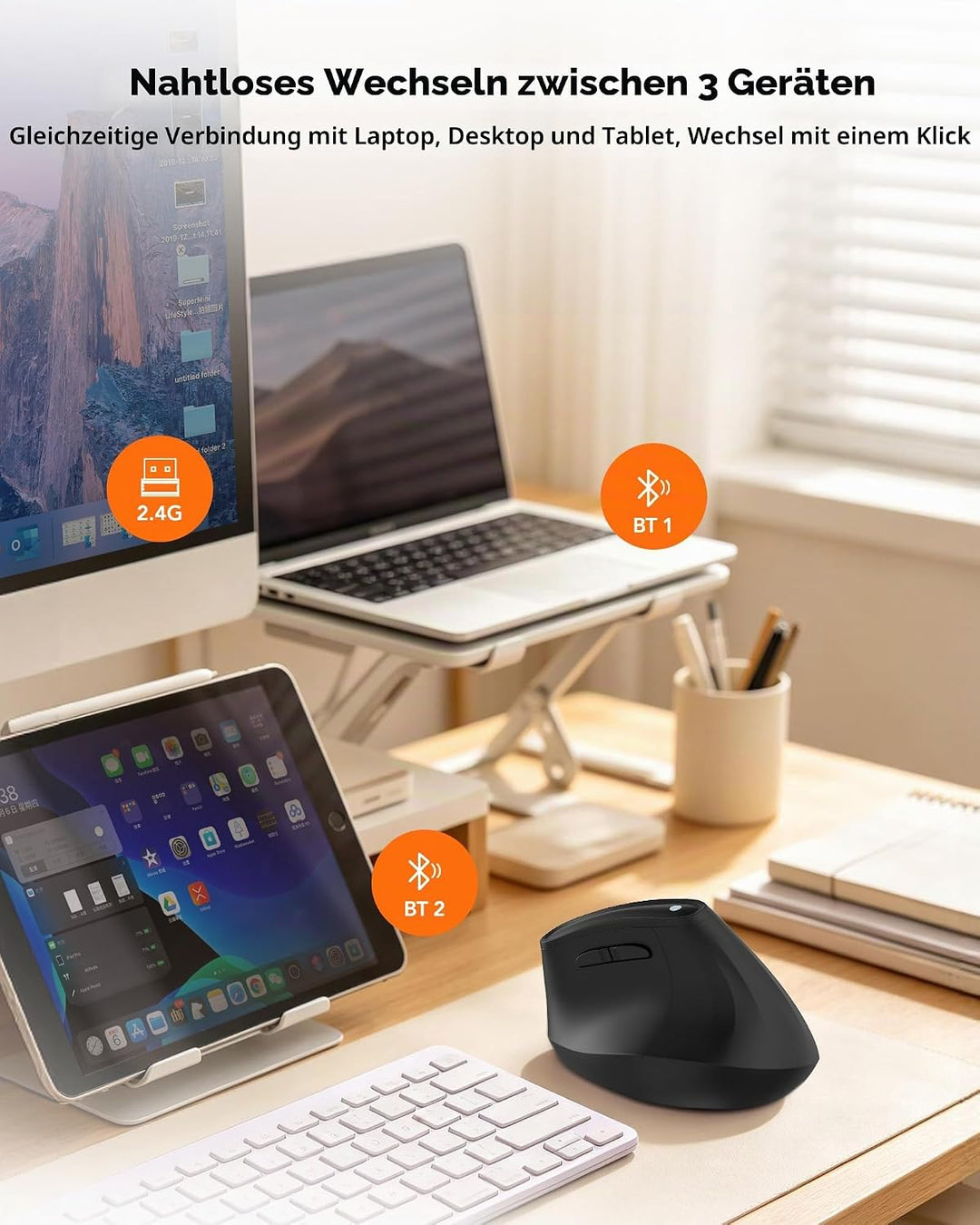 KYSONA 57° Ergonomische Kabellose Tower Maus, Vertikale Leise Ergo Maus, Bluetooth (BT5.0,BT3.0)&2.4