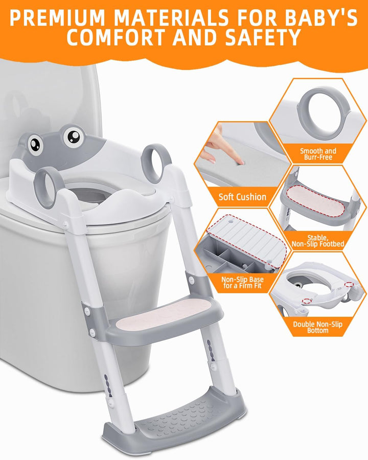 Toilettensitz Kinder mit Treppe, WC Sitz Kinder für Jungen und Mädchen, Höhenverstellbar und Klappba