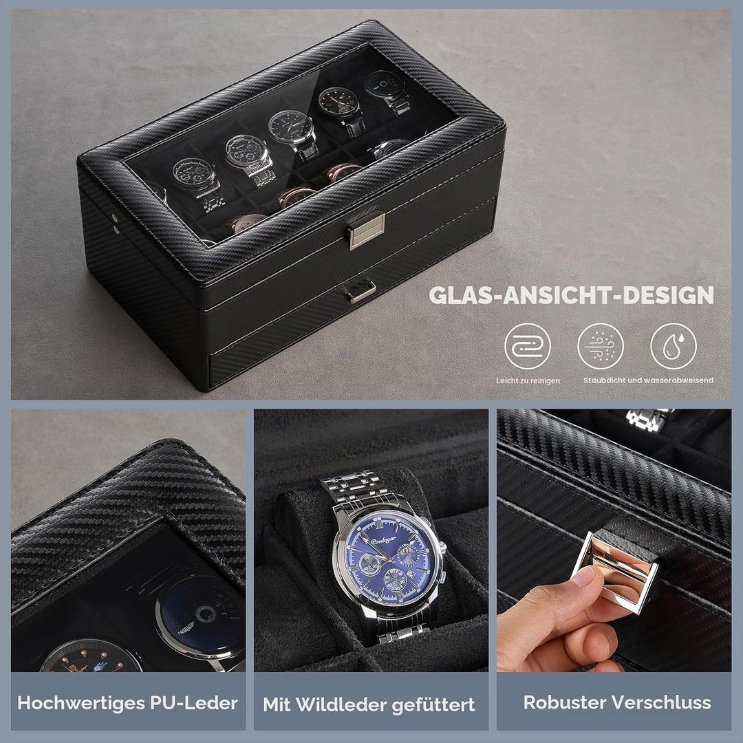 ProCase 12 Slot Uhrenbox für Herren，Uhrenkasten mit Schublade, Men’s Watch Box, Uhrenaufbewahrung Uh