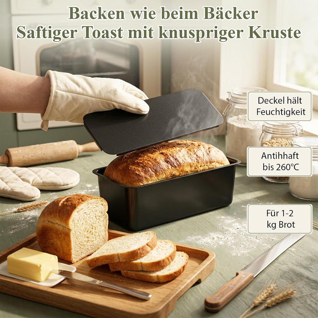 Premium Brotbackform mit Deckel 28 x 11 x 10 cm, Extra hohe Kastenform, Toastbrot-Backform aus Kohle