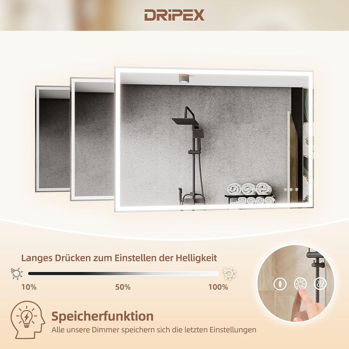 Badezimmerspiegel Led Badspiegel, Speicherfunktion, Touch-Schalter, Druckknopf, Dimmbar, 3 Lichtfarb