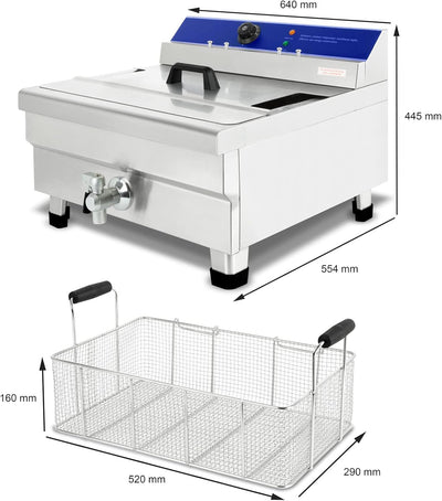 VERTES Friteuse aus Edelstahl 28 Liter Fassungsvermögen, 50-200°C, 4500W, 230V, Kaltzonenprinzip, Pr