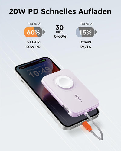 VEGER Mini Power Bank 20W PD, 5000mAh Powerbank mit Eingebautem Apple Kabel, mit Apple Watch Laden,