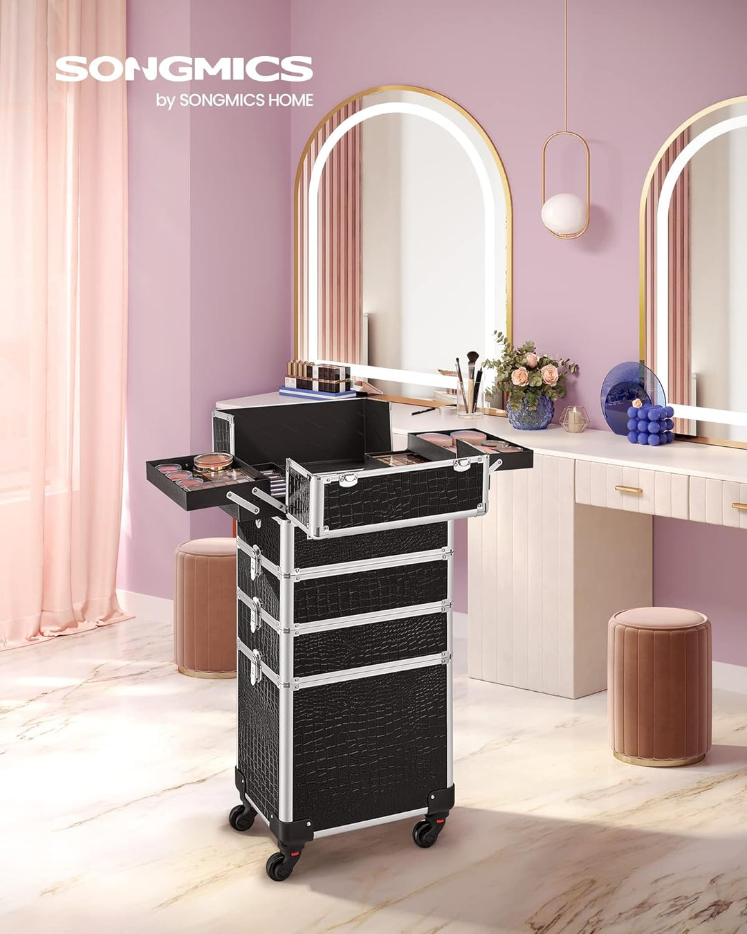 SONGMICS Alu Trolley, Kosmetikkoffer mit Rollen, Friseurkoffer, Schminkkoffer ohne Inhalt, Handgepäc