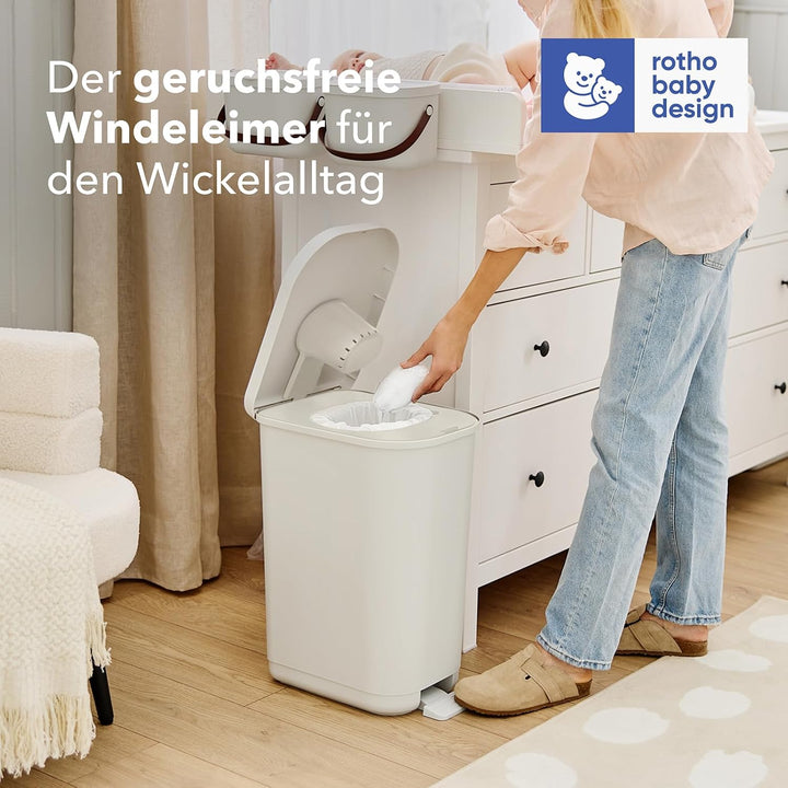 Rotho Babydesign YUMA geruchsdichter Windeleimer mit Pedal und 30 passenden Windelbeuteln, 40x28,5x5