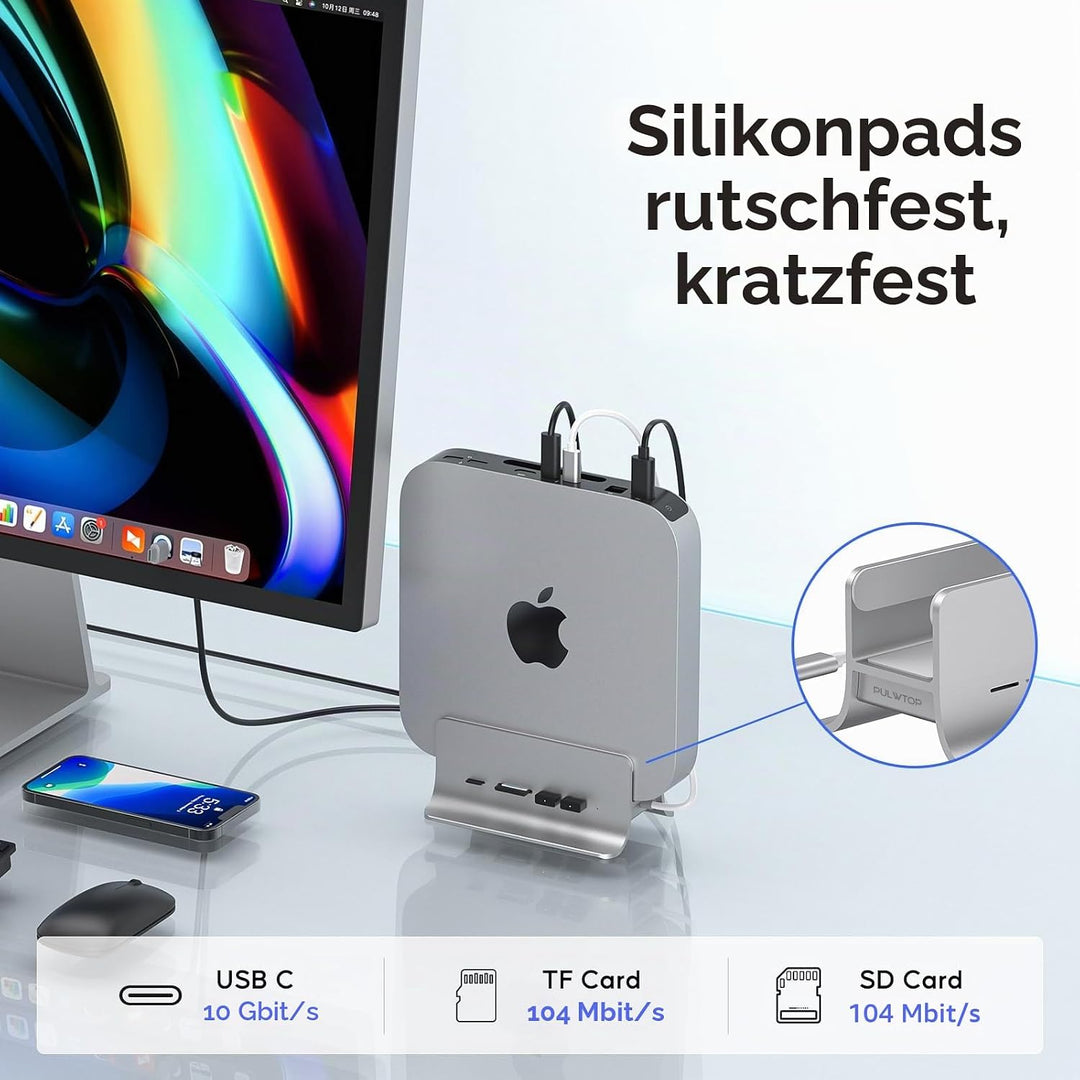 PULWTOP Mac Mini Hub,5-in-1 USB C Hub Adapter,Mac Mini-Ständer,Unterstützt M.2 NVMe SSD-Erweiterung,