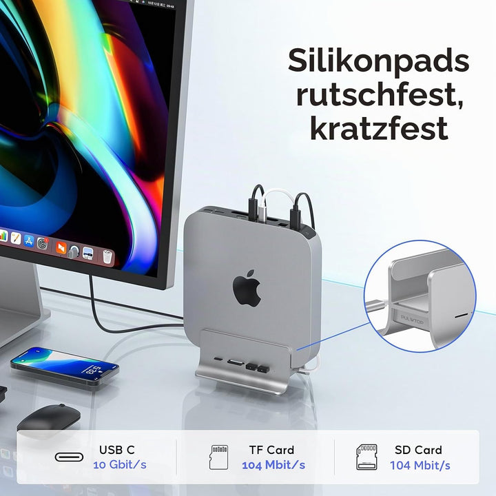 PULWTOP Mac Mini Hub,5-in-1 USB C Hub Adapter,Mac Mini-Ständer,Unterstützt M.2 NVMe SSD-Erweiterung,