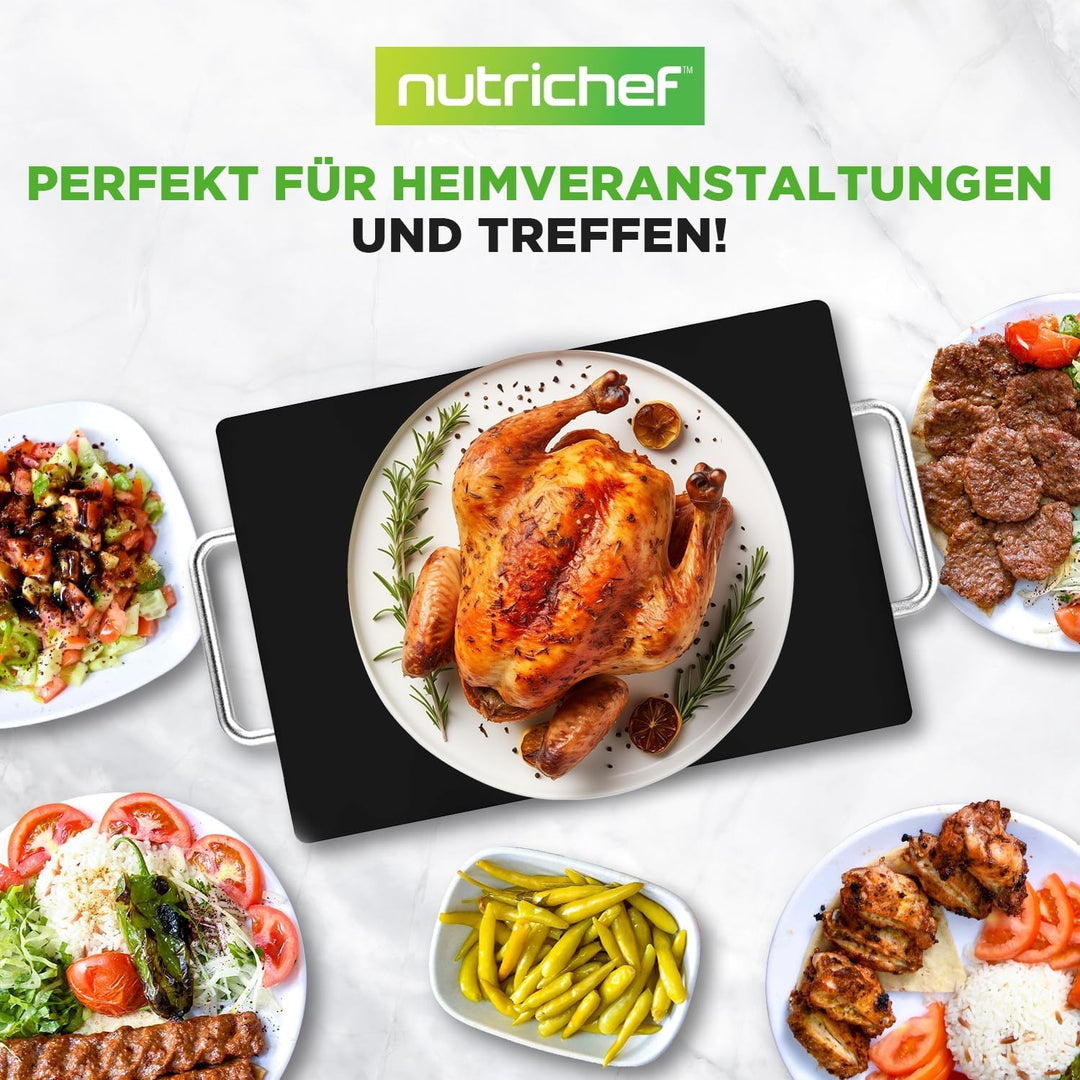 NutriChef Warmhalteplatte Elektrisch – 41,9 x 27,9 cm Glas-Kochplatte mit Griffen für Speisen, Für B