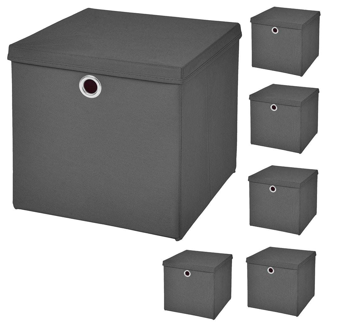6er Set Dunkelgrau Faltbox 28 x 28 x 28 cm Aufbewahrungsbox faltbar mit Deckel, Dunkelgrau
