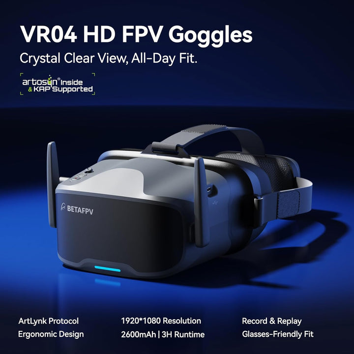 BETAFPV VR04 HD FPV Goggles with 1080P Resolution, 4.5'' Screen LCD, Micro SD Slot, 2 2600mAh Lipo B