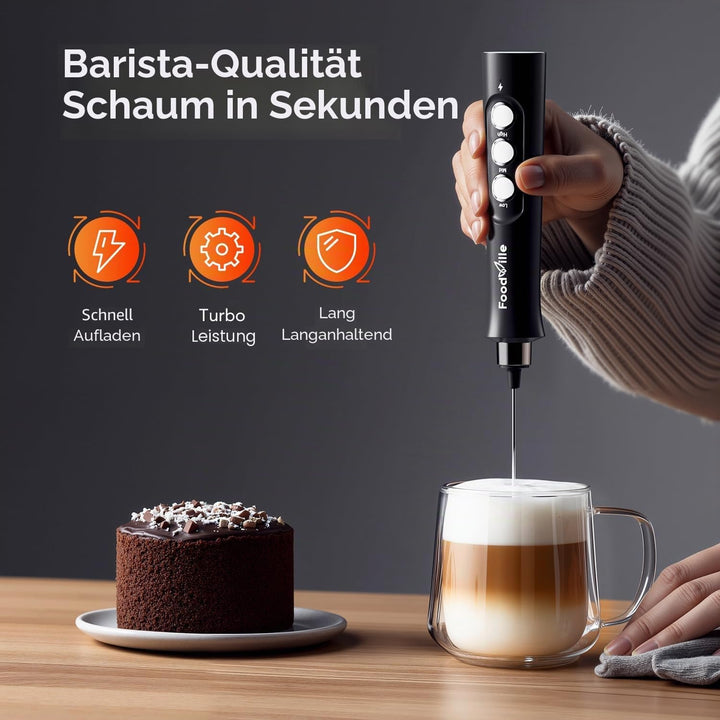 FoodVille 2-in-1 Elektrischer Milchaufschäumer, Kunststoff, schwarz, Schwarz