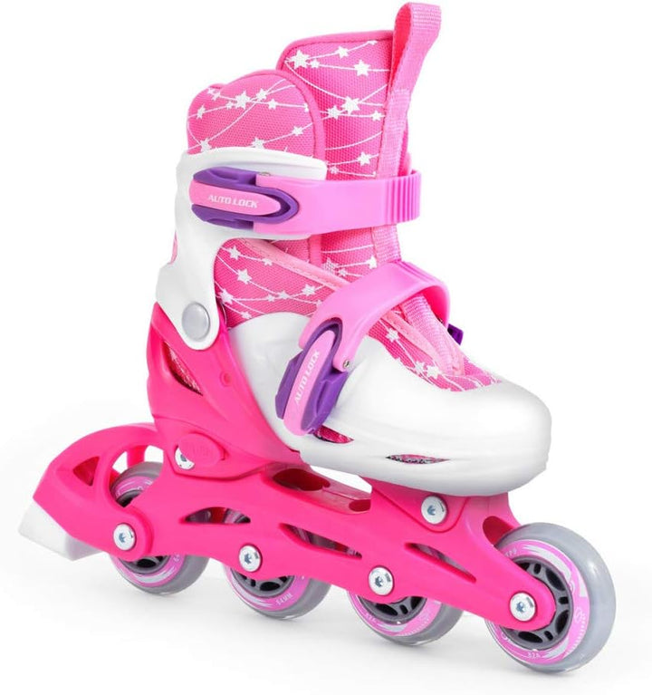 SMJ Kinder Mädchen Set 2in1 Inliner Rollschuhe VERSTELLBAR Inline Skates mit LED Rollen + Schonerset
