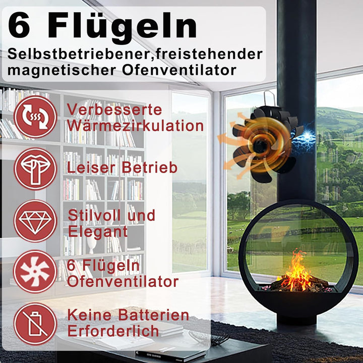 6 Blatt Kaminventilator Magnetisch,Ofenventilator Ohne Strom,Holzabzugrohr Herd Ventilator,Wärmebetr