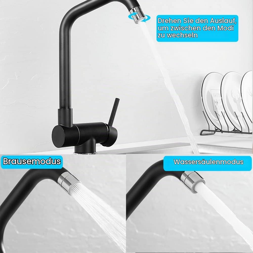 ONECE Vorfenstermontage Küchenarmatur Schwarz, Wasserhahn Küche Klappbar mit 2 Strahlarten, Armatur