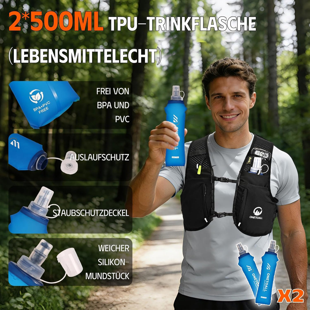 Laufweste Damen mit 2 Faltbare Trinkflasche 500ml, Trinkweste Laufen Herren, Running Vest Laufrucksa