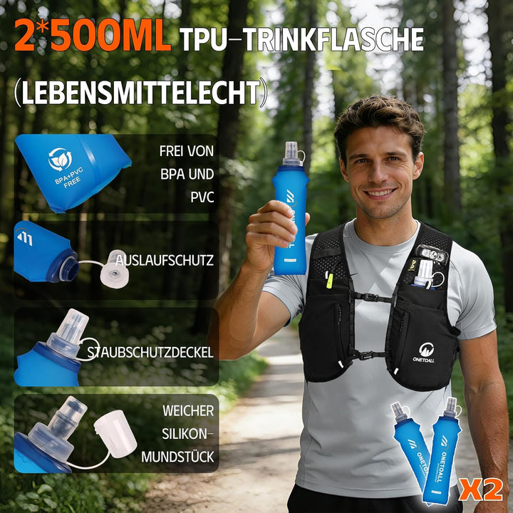 Laufweste Damen mit 2 Faltbare Trinkflasche 500ml, Trinkweste Laufen Herren, Running Vest Laufrucksa