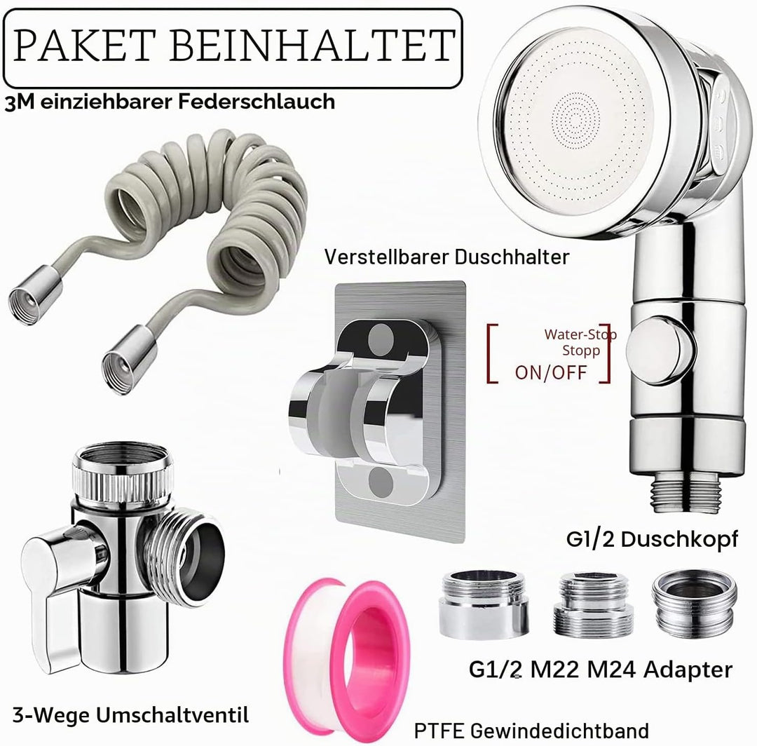 Set Waschbecken Duschkopf, Roscid 3 Modus Handbrause Wassersparend Extern mit 2.5M Schlauch mit 3 Ad