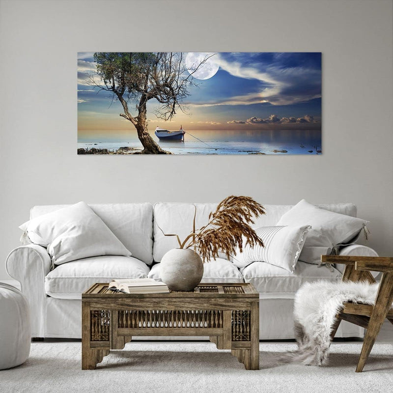 Wandbilder Dekoration Wohnzimmer Nacht Mond Boot Panorama Bilder auf Leinwand 120x50cm Leinwandbild