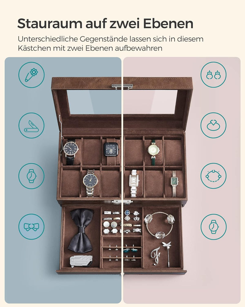 SONGMICS Uhrenbox, Uhrenkasten mit Glasdeckel, Uhrenkoffer 2 Ebenen, für 12 Uhr, abschliessbar, 1 Sc