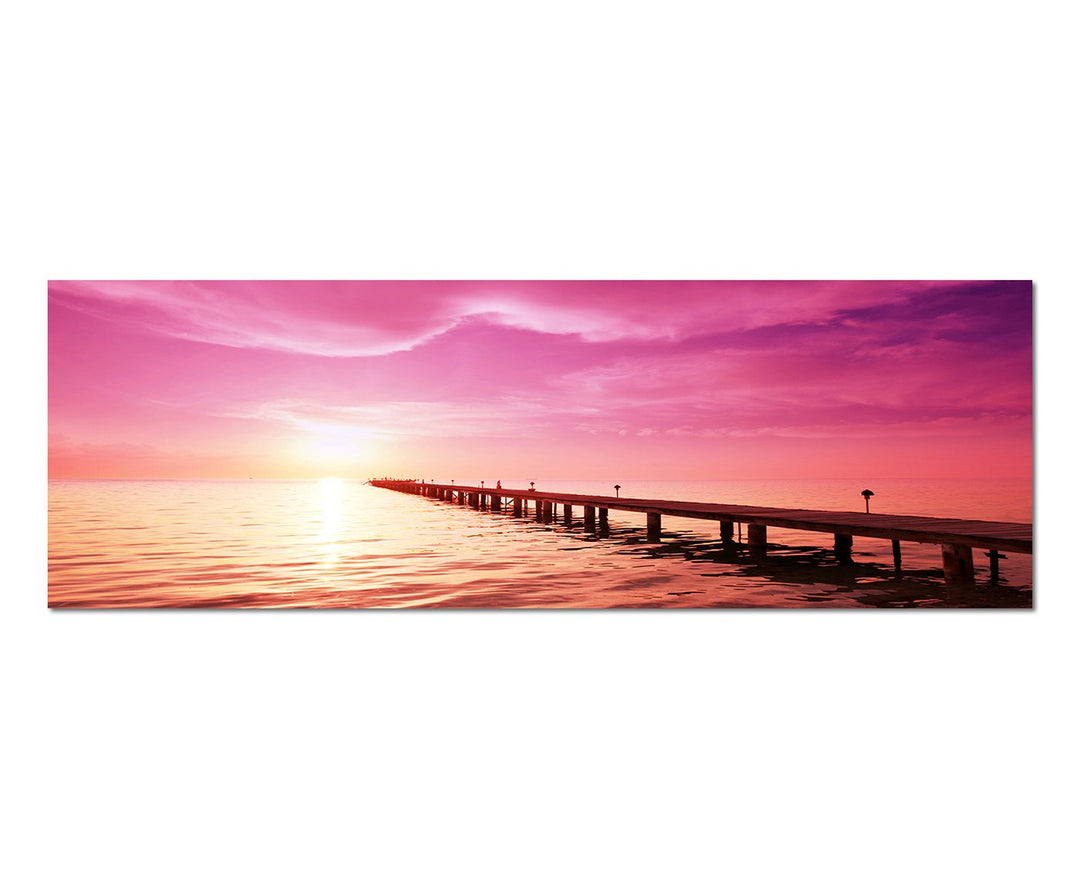 Paul Sinus Art Panoramabild auf Leinwand und Keilrahmen 150x50cm Meer Strand Holzsteg Sonnenuntergan