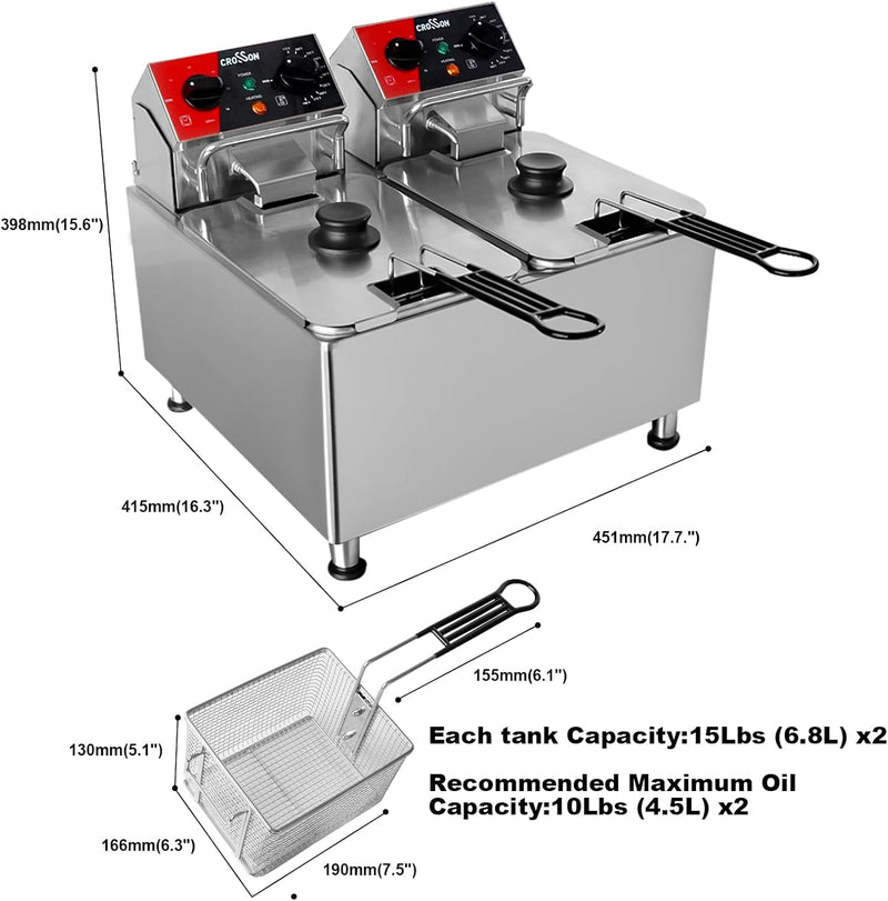 CROSSON 8L Elektrische Fritteuse mit doppeltem Tank und rotierendem Fritteusenkopf, 30-Minuten-Timer