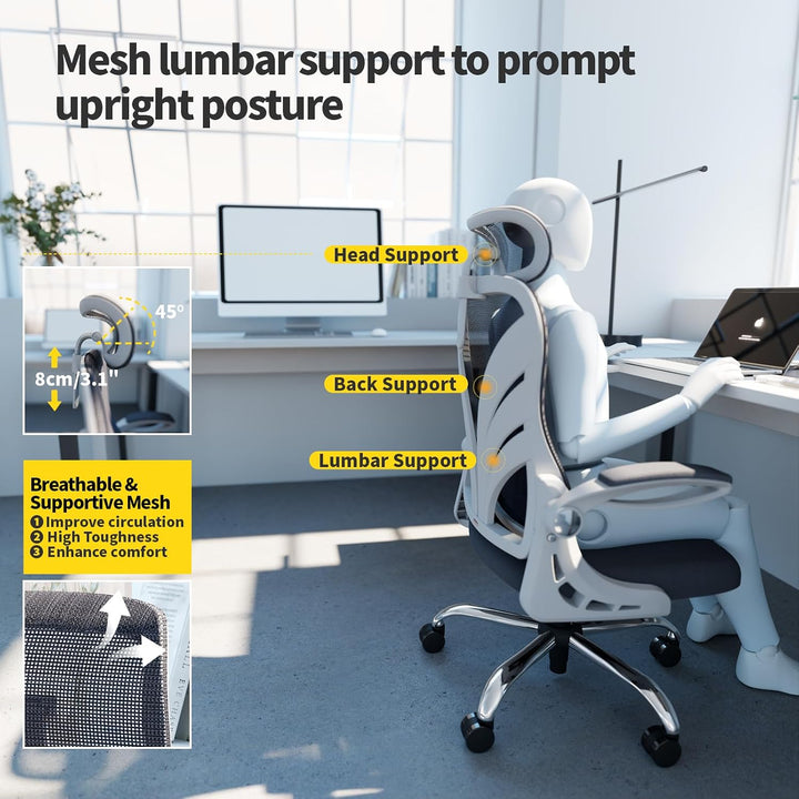HOLLUDLE Ergonomischer Bürostuhl mit Klappbarer Rückenlehne, Schreibtischstuhl mit 2D Kopfstütze, Ho