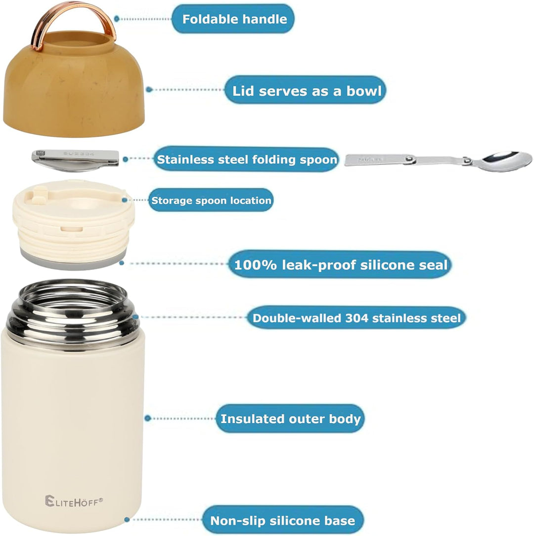 EliteHoff Thermobehälter für Essen, 500 ml, Wärmebehälter für Speisen aus Edelstahl mit Löffel, Ausl