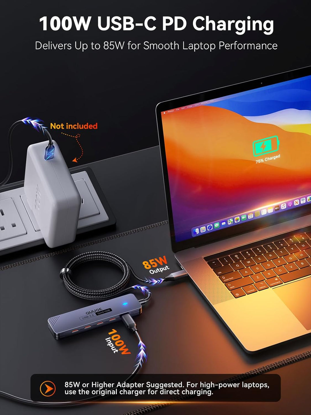 QUUGE USB C Hub 10 Gbps, PD100W, 4 USB 3.2 Datenports USB Splitter, Multiport Adapter USB Verteiler