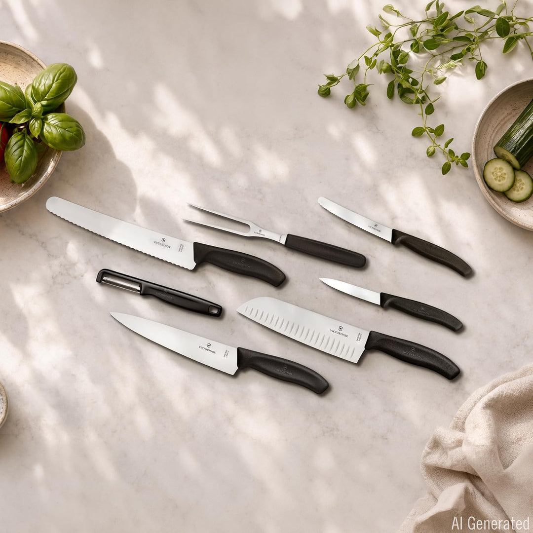 Victorinox Swiss Classic Küchenmesser Set, Kochmesser, 7-teilig, inkl. Santokumesser, Brotmesser, Ge