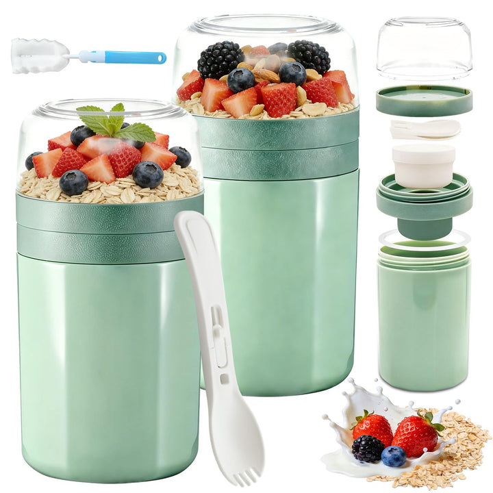 2 Stück Müslibecher to go mit Löffel - 3-Schicht-Design, Joghurtbecher to go Kinder 520ML+250ML mit