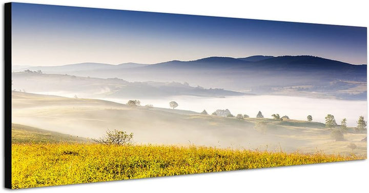 Paul Sinus Art Panoramabild auf Leinwand und Keilrahmen 150x50cm Ukraine Berge Wiese Nebel Morgenlic